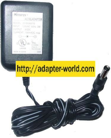 MEMOREX 351R060010 AC ADAPTER 6VDC 100mA POWER SUPPLY