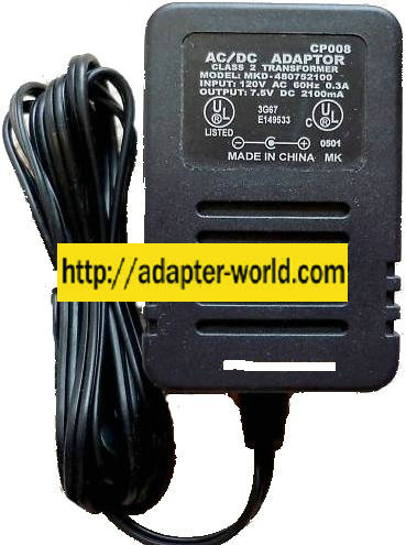 MKD-48752100 AC ADAPTER 7.5VDC 2100MA 30W CP008 CLASS 2 TRANSFOR