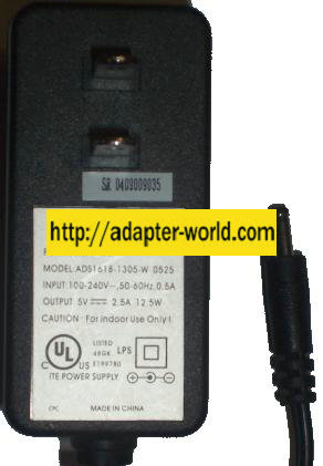 OEM ADS1618-1305-W 0525 AC ADAPTER 5Vdc 2.5A -( )- 1.5x3.5mm POW