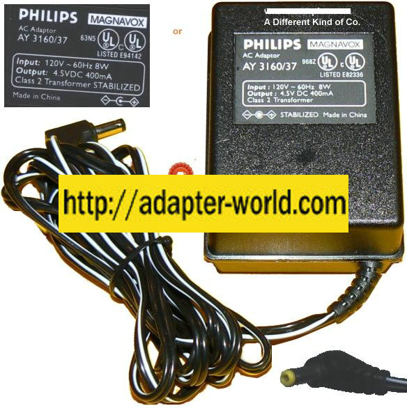 PHILLIPS AY3160/37 AC ADAPTER 4.5Vdc 400mA 90 ° 1.6x4mm -( ) New