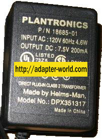 PLANTRONICS DPX351317 AC ADAPTER 7.5VDC 200mA 18685-01 POWER SU