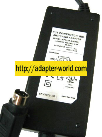 PUT POWERTECH INC PPS25A-D0(00A) AC ADAPTER 5VDC 1.5A 12V NEW