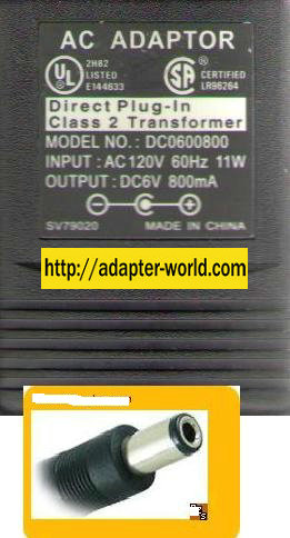 SA DC0600800 AC ADAPTER DC6V 800mA DIRECT PLUG IN CLASS 2 TRANS