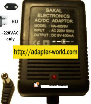 SAKAL NA-400/9V AC ADAPTER 9Vdc 400mA 6.5W 220VAC EU CLASS 2 POW