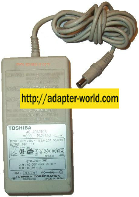 TOSHIBA PA2430U AC ADAPTER 18V 1.1A POWER SUPPLY