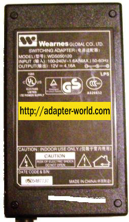 WEARNES WDS050120 AC ADAPTER 12VDC 4.16A SWITCHING ADAPTER