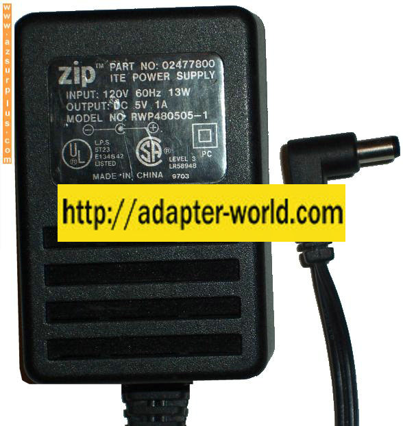 ZIP RWP480505-1 AC ADAPTER 5VDC 1A NEW -( ) 2.5x5.5mm 90