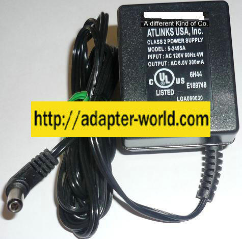 NEW ATLINKS 6VDC 300mA USED -(+) 2.5x5.5x12mm ROUND BARREL TRANSFORMER 5-2495A AC ADAPTER POWER SUPPLY