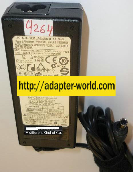 NEW DELTA 19VDC 3.16A USED -(+) 3.5x5.5mm ROUND BARREL WITH PIN INSIDE ADP-60ZH D AC ADAPTER POWER SUPPLY