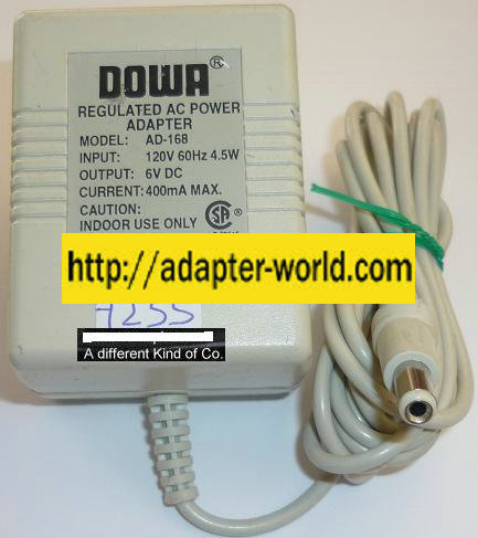 NEW 6VDC 400mA USED +(-) 2x5.5x10mm ROUND BARREL REGULATED TRANSFORMER DOWA AD-168 AC ADAPTER POWER SUPPLY