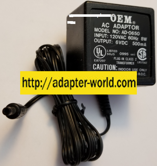 *NEW* OEM 6VDC 500mA USED -(+) 1.5x4mm ROUND BARREL PLUG IN CLASS 2 TRANSFORMER E87297 AD-0650 AC ADAPTER POWE