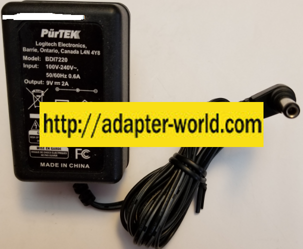 *NEW* PURTEK 9VDC 2A USED -(+) 2.5x5.5x10mm 90° ROUND BARREL PLUG IN CLASS 2 BDI7220 AC ADAPTER POWER SUPPLY