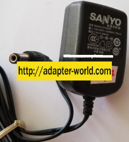 *NEW* SANYO 7.5VDC 500mA USED -(+) 2x5.5x12mm ROUND BARREL S005CC0750050 AC ADAPTER POWER SUPPLY