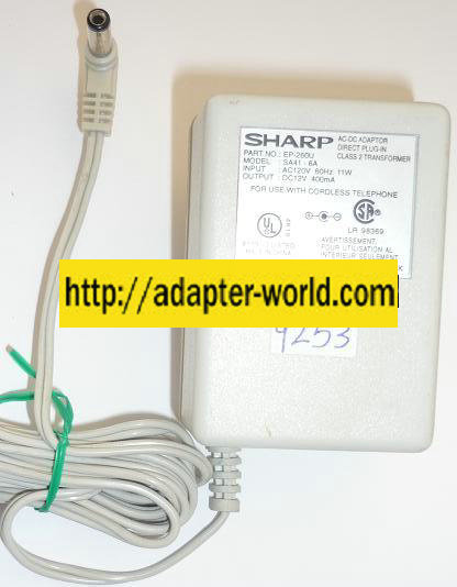 NEW SHARP 12VDC 400mA USED +(-) 2x5.5x13mm 90°ROUND BARREL PLUG-IN CLASS 2 TRANSFORMER S441-6A AC ADAPTER POWE