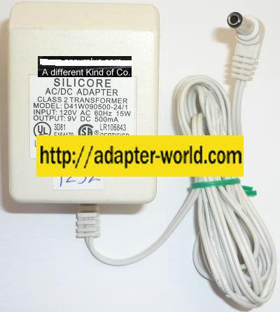 NEW SILICORE 9VDC 500mA USED -(+) 2.5x5.5x13mm 90°ROUND BARREL PLUG-IN CLASS 2 TRANSFORMER D41W090500-24/1 AC