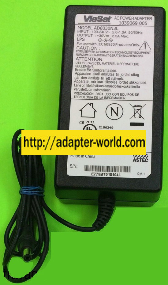 NEW ViaSat AD8030NSL AD8030N3L AC Adapter 30vdc 2.5A -(+) 2.5x5.5mm Charger For ASTEC Power Supply