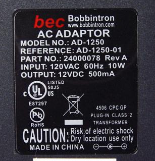 *Brand NEW* Bobbintron AD-1250 AD-1250-01 12VDC 500mA AC DC Adapter POWER SUPPLY