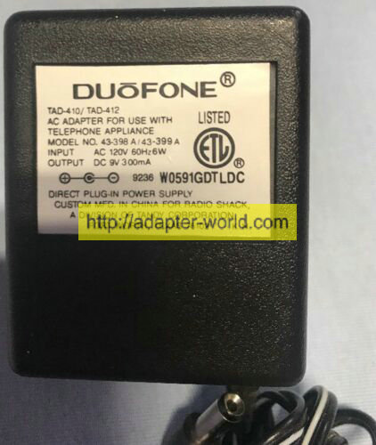 *100% Brand NEW* Duofone 9VDC 500mA Model 43-398A 43-399A TAD-410/TAD-412 AC Adapter Free shipping!