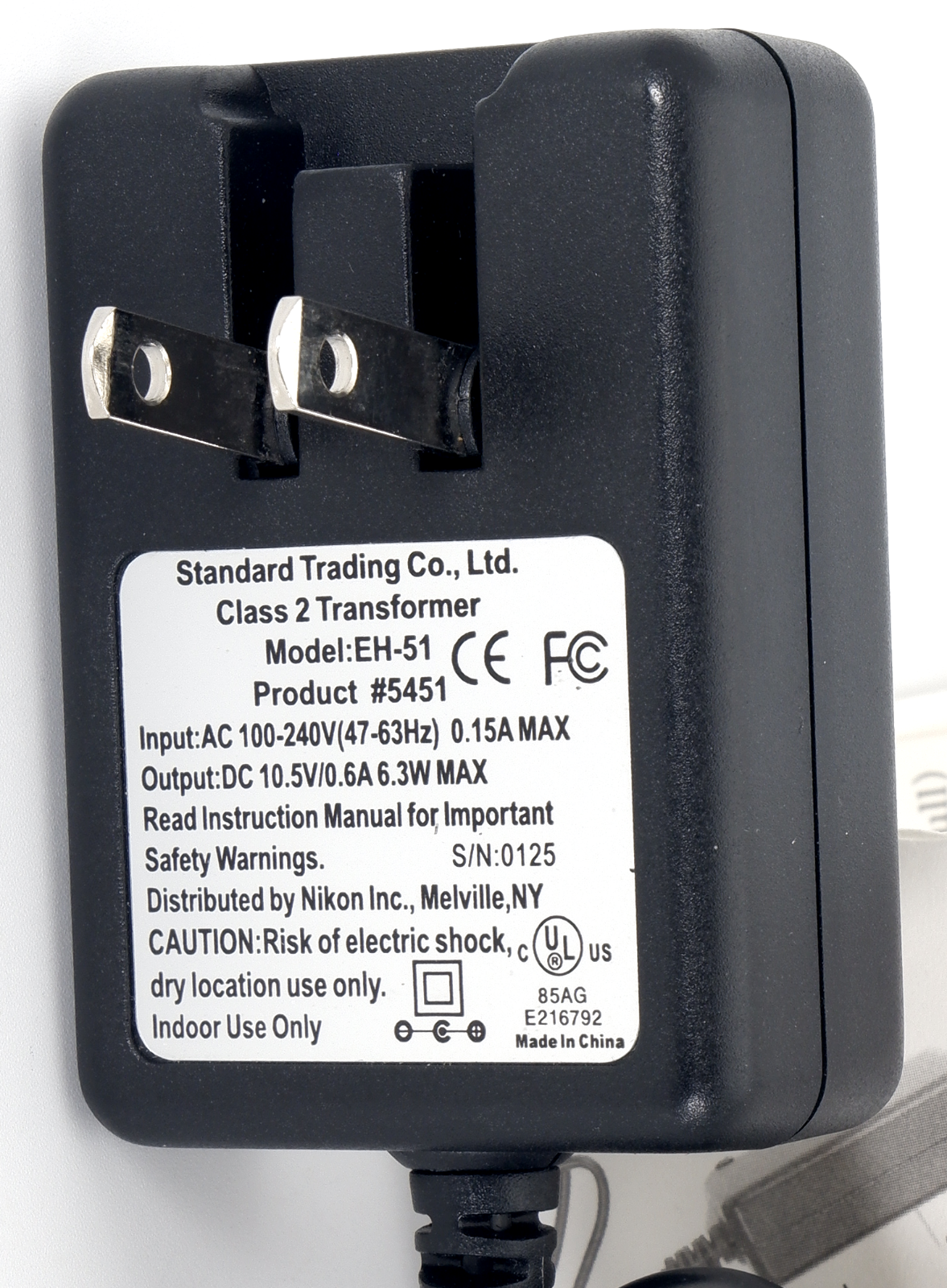 *Brand NEW*Standard Trading EH-51 Class 2 Transformer Output DC 10.5V 0.6A 6.3W AC Adapter