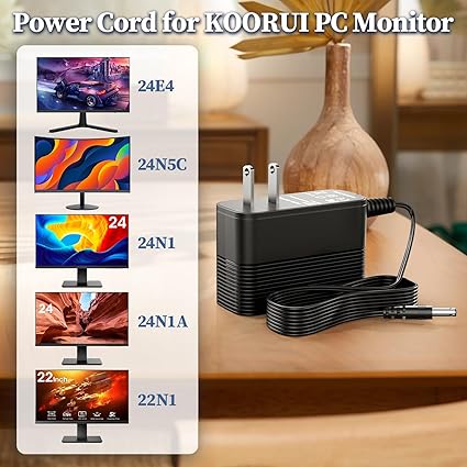 *Brand NEW* Koorui Monitor Charger, 12V Power Cord for Koorui Monitor 24E4 24N50C 24N1 24N1A 22N1 21.5" 24" Ga