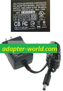 *Brand NEW* 5VDC 2.6A AC ADAPTER SOLYTECH AD1705CF 1.8x4mm 90100-240va