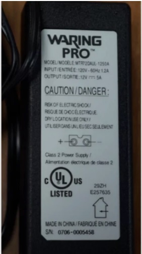 Waring Pro Model MTR72DAUL-1250A AC Adapter Power Supply 12V 5A Seller Notes good condition Brand WARING PRO